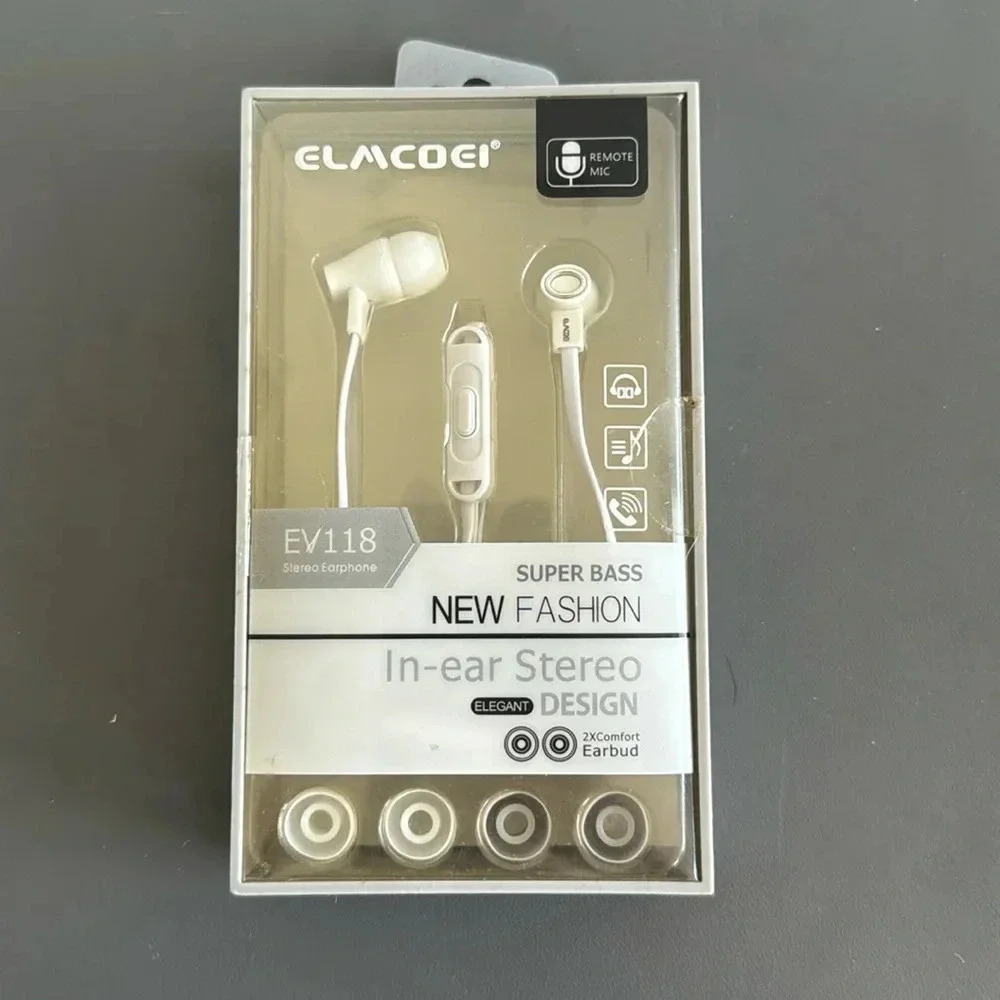 ELMCOEI EV118 Wired Earbuds Headphones w/ Mic Super Bass In-Ear White NEW